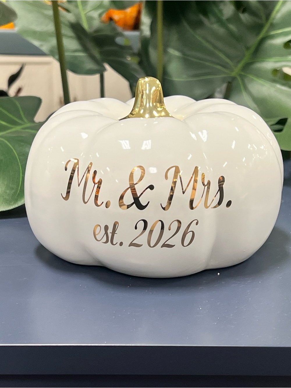 2026 Mr & Mrs Wedding Pumpkin Decor With Gold Stem NWT